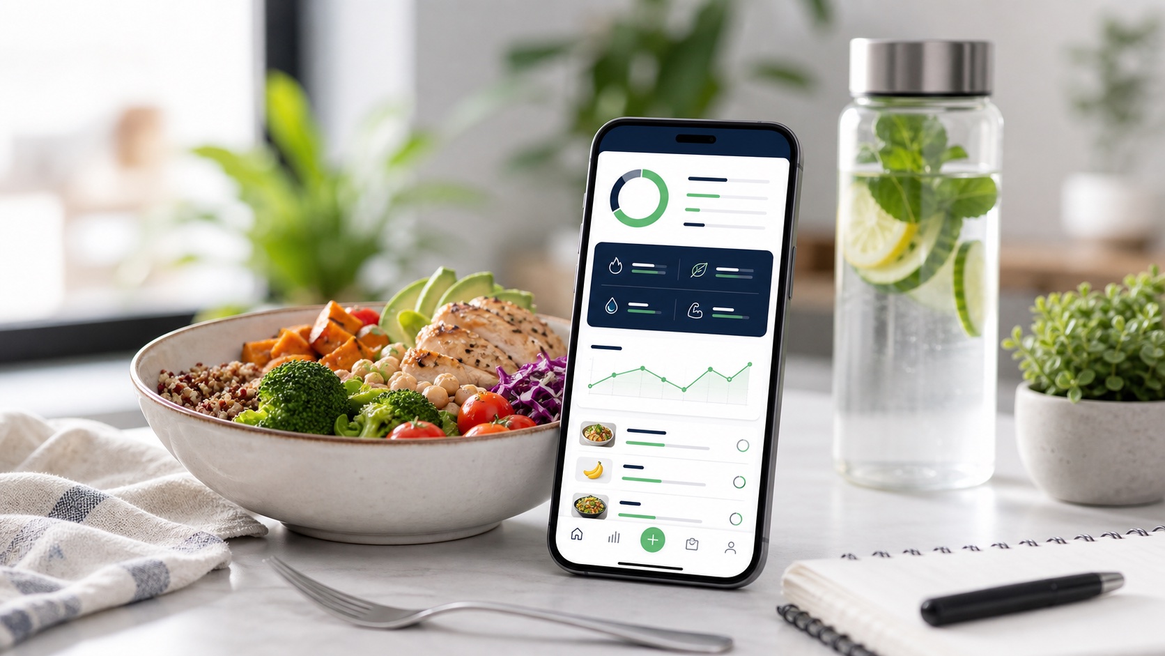 Nutrition tracking app dashboard beside a healthy meal bowl