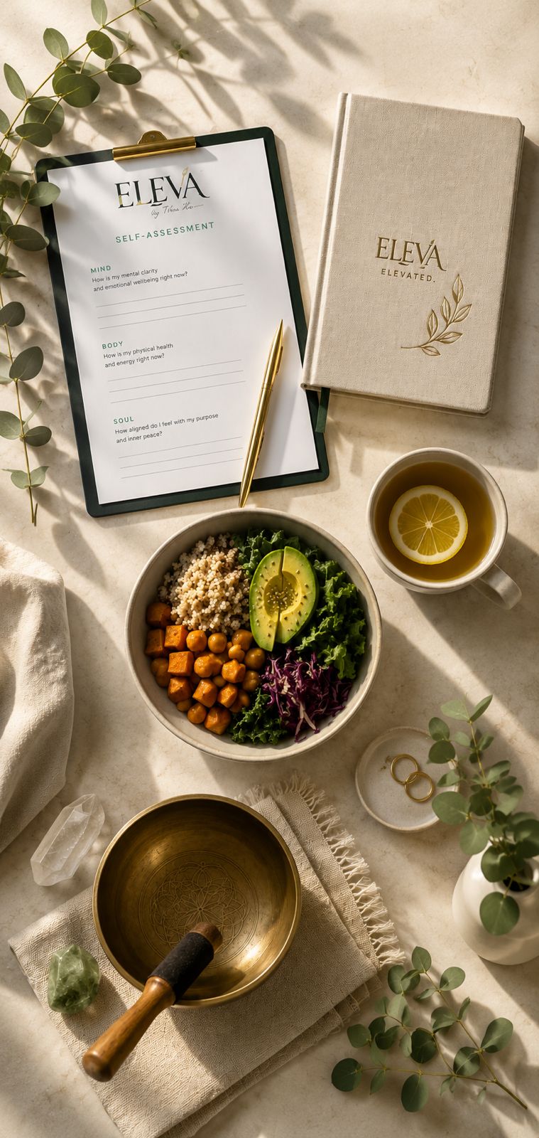ELEVA self-assessment, journal, meal and sound bowl